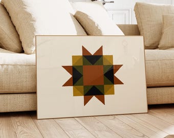 Fall Sawtooth Star Barn Quilt Print, Rust & Ochre Vintage Folk Decor (Digital Download)