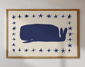 Nautical Sperm Whale Nursery Print, Navy Blue Stars, Coastal Wall Art (Digital Download)
