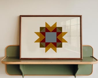 Vintage Barn Quilt Art Print, Sawtooth Star Folk Wall Decor (Printable Poster)