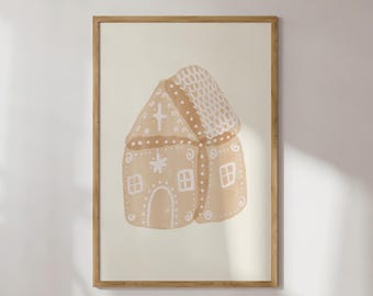 Gingerbread Cottage Folk Art Print, Neutral Christmas Wall Art (Digital Download)