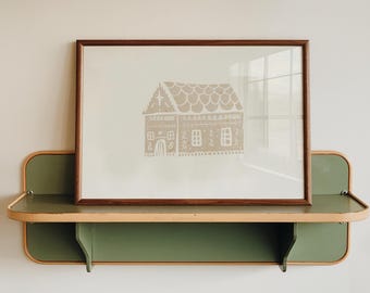 Gingerbread Cottage Folk Art Print, Neutral Winter Village Wall Art (Digital Download)