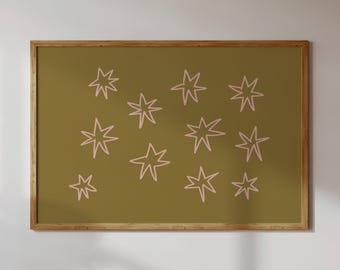 Simple Pink Celestial Star Pattern Print, Olive Green Nostalgic 90s Wall Decor (Digital Download)