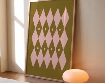 Olive Green & Pink Circus Harlequin Print, Vintage Diamond Geometric Wall Decor (Digital Download)