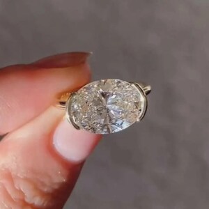 3 CT East West Oval Cut Moissanite Engagement Ring Half Bezel Set Oval Ring 14K Gold Wedding Ring Oval Solitaire Ring Anniversary Gift Ring
