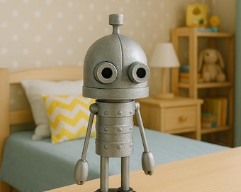 3D Printed Silver Robot Figurine – Retro Kids Room Decor