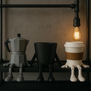 Puede incluir: Tres figuras de cerámica caprichosas: una cafetera gris, una taza negra y una taza de café blanca con una banda marrón. Cada una tiene brazos y piernas, dándoles un diseño antropomórfico. Están sobre una estantería negra, con una bombilla colgando.