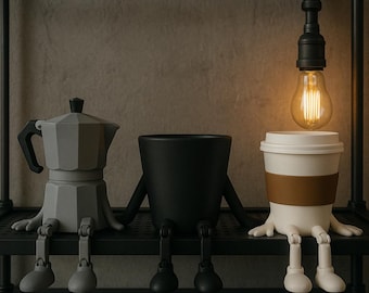 3D Printed Coffee Figures – Moka Pot, Cup & Planter | Coffee Shelf Decor by BlueDenizArt