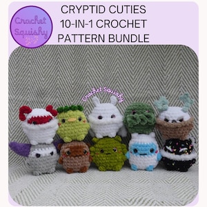 Puede incluir: Una colección de diez Cryptid Cuties de ganchillo, cada uno con características y colores únicos, dispuestos sobre un fondo texturizado. La imagen incluye el texto "Cryptid Cuties 10-in-1 Crochet Pattern Bundle" y un logotipo "Crochet Squishy".