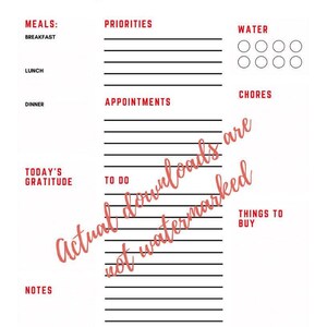 May include: A white printable planner page with red text and black lines. The title "Today's Plan" is at the top. Sections include "Meals," "Priorities," "Appointments," "To Do," and "Things to Buy."