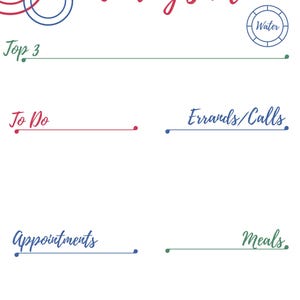 May include: A white planner page with the words "Today's Plan" in red script. The page includes sections for "Top 3", "To Do", "Errands/Calls", "Appointments", and "Meals", each with a horizontal line for writing.