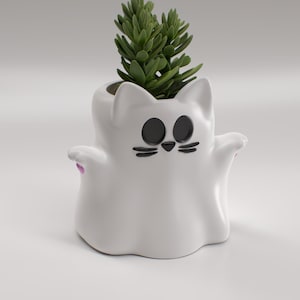 May include: A white ceramic cat-shaped planter with a green succulent plant. The planter has black eyes, whiskers, and pink accents on the paws. The cat-shaped planter is a unique decorative item.