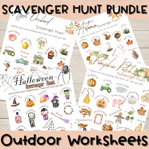 Puede incluir: Un paquete de hojas de trabajo al aire libre con búsquedas del tesoro para huertos de manzanas, otoño, Halloween y campos de calabazas. Cada hoja de trabajo incluye elementos ilustrados para encontrar y marcar, como calabazas, tractores y personajes de Halloween.
