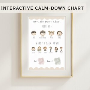 May include: An interactive calm-down chart in a gold frame. The chart features illustrations of children and lists feelings like sad, frustrated, mad, and tired. It also suggests ways to calm down, such as counting, using a blanket, or hugging. The text "INTERACTIVE CALM-DOWN CHART" is at the top.