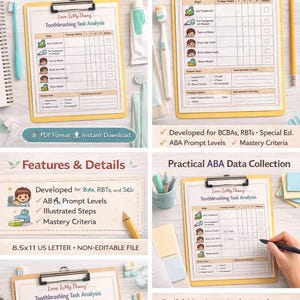 May include: A set of ABA printable task analysis sheets for toothbrushing, featuring a yellow clipboard design with checklists and illustrations. The sheets are designed to guide children through brushing their teeth step-by-step. The text includes "Love Is My Thang" and "Toothbrushing Task Analysis".