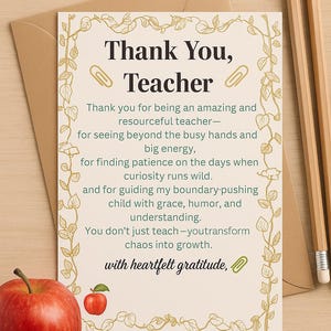 Könnte beinhalten: Eine Dankeskarte für einen Lehrer mit dem Text "Thank You, Teacher" in einer dekorativen Schriftart. Die Karte ist mit einem floralen Rand, einem roten Apfel und zwei Bleistiften verziert. Die Botschaft drückt Dankbarkeit aus.