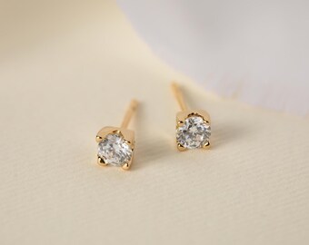 Gold Solitaire Stud Earrings, Round CZ Everyday Earrings