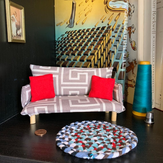 Miniature Couch 1 12 Scale Dollhouse Furniture Pillows Included Upholstered Upcycled Fabric And Foam Wood Base Dowels