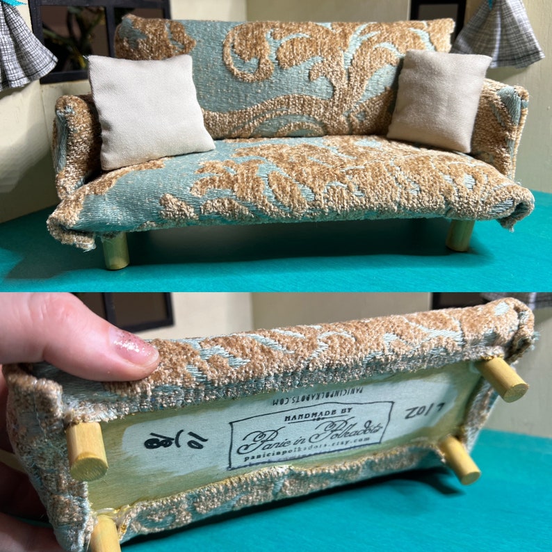 MINIATURE Couch 1:12 Scale Dollhouse Furniture Handmade Upcycled with Pillows Brocade