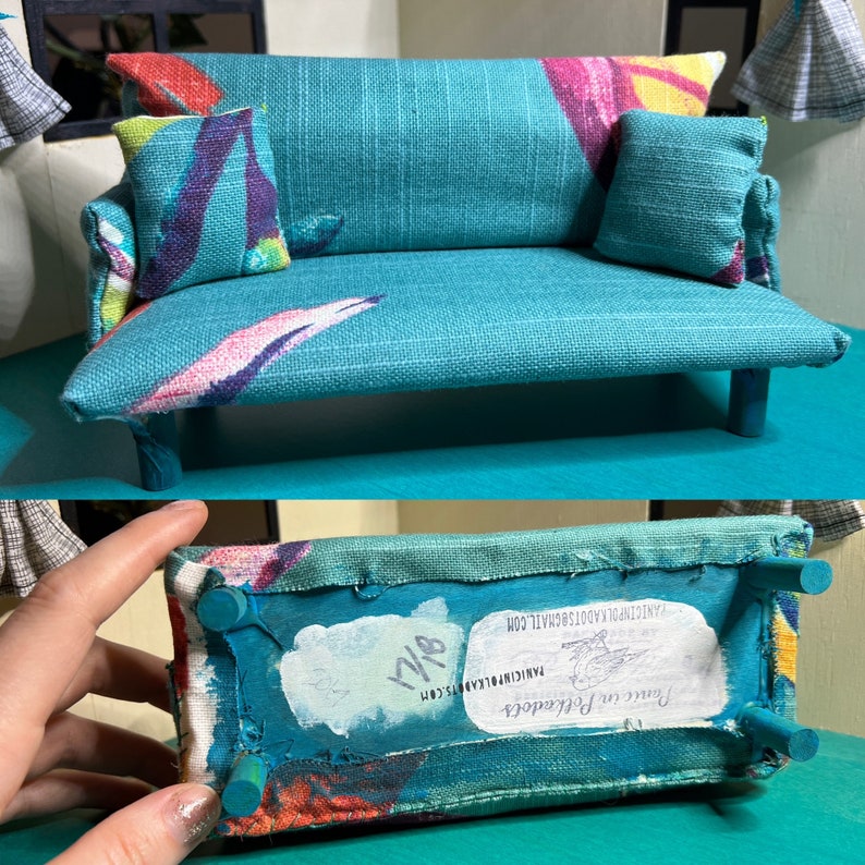 MINIATURE Couch 1:12 Scale Dollhouse Furniture Handmade Upcycled with Pillows Teal Birds
