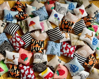 Doll Pillows - 1:12 Scale - Square Set of Two - Handmade Miniatures - Dollhouse Decor for Bed Couch Chair - Cute Colorful Unique Upcycled