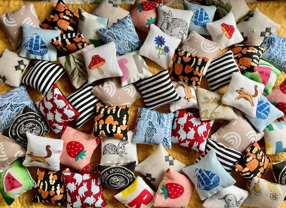 Doll Pillows - 1:12 Scale - Square Set of Two - Handmade Miniatures - Dollhouse Decor for Bed Couch Chair - Cute Colorful Unique Upcycled