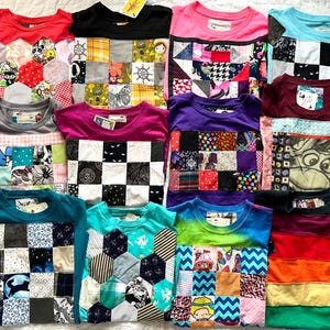 Quilty Tee - Handmade Upcycled TShirt - Short Sleeve with Hexies or Patchwork