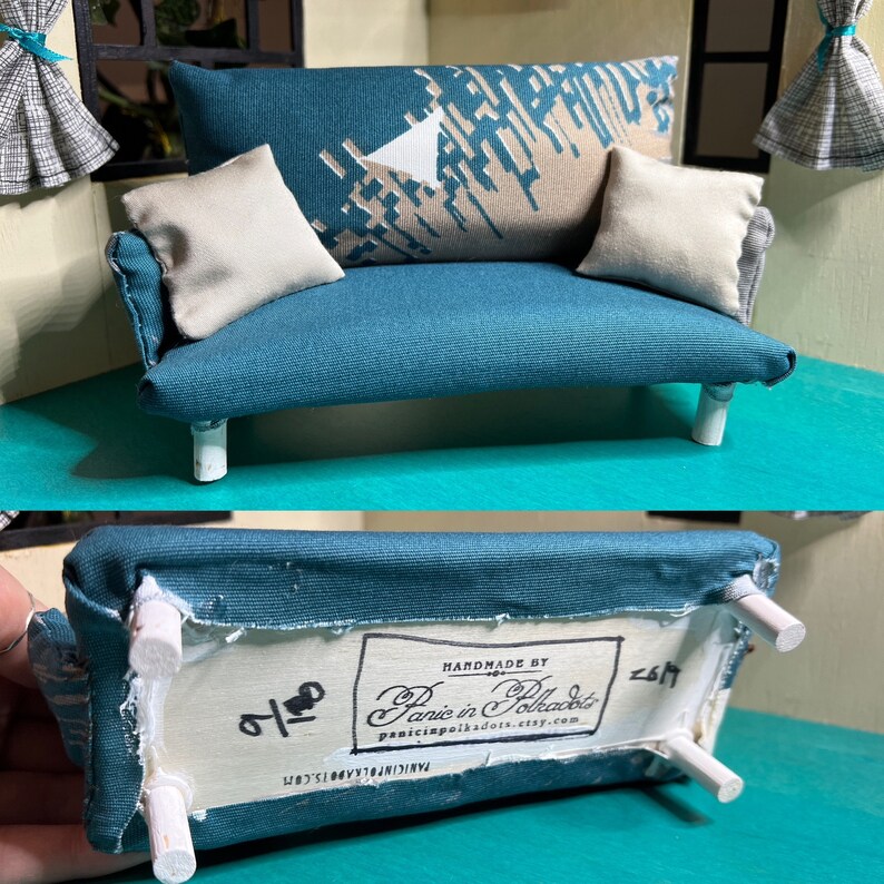 MINIATURE Couch 1:12 Scale Dollhouse Furniture Handmade Upcycled with Pillows Teal Grey Geometric