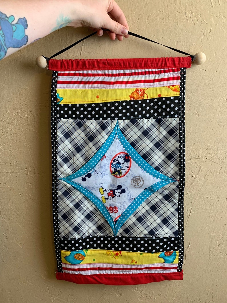 Pin Display Wall Hanging Mini Quilt Cathedral Square Design Mickey Minnie Plaid