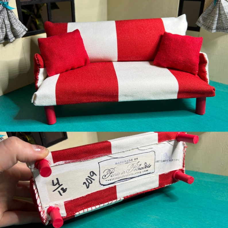 MINIATURE Couch 1:12 Scale Dollhouse Furniture Handmade Upcycled with Pillows Red and White