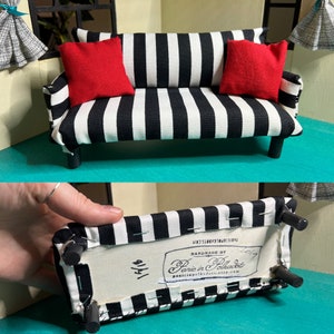 MINIATURE Couch 1:12 Scale Dollhouse Furniture Handmade Upcycled with Pillows B&W Striped