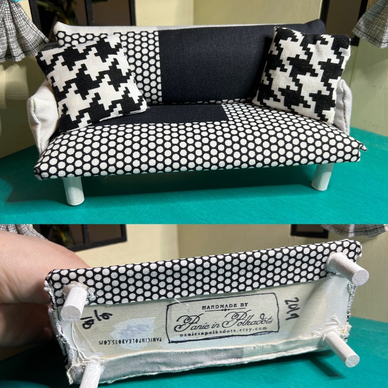 MINIATURE Couch 1:12 Scale Dollhouse Furniture Handmade Upcycled with Pillows B&W Pattern