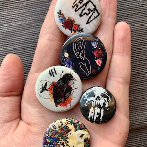 AFI Embroidered Pinback Buttons - Panic in Polkadots Magnets - Bottlecap Buttons