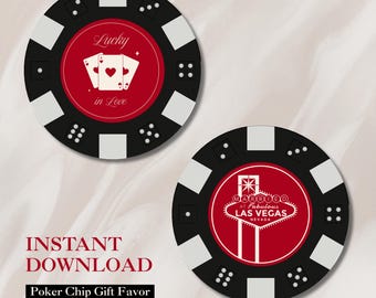 May include: Two poker chips with black and white edges. One chip has a red centre with playing cards and the text "Lucky in Love." The other chip has a red centre with the text "Married at Fabulous Las Vegas Nevada."