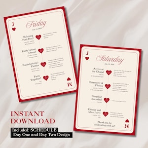 May include: Two wedding itinerary cards with a playing card design. The cards are cream-colored with a red border and feature event schedules for Friday and Saturday, with heart-shaped icons. Text includes "Instant Download" and "Schedule Day One and Day Two Design."