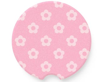 Roze autoonderzetter met madeliefjepatroon | Spekstenen auto-onderzetter