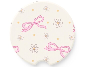 Posavasos para coche con lazo rosa y margaritas / Posavasos para coche de esteatita