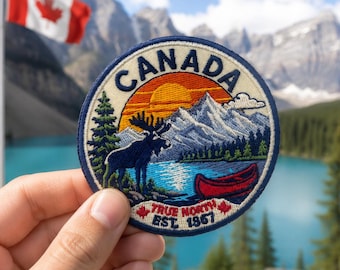 Canada True North Embroidered Patch, Moose Mountain Canoe Badge, 3 Inch Iron-On Souvenir