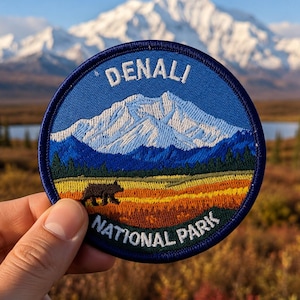 Denali National Park Patch, Alaska Mountain Embroidered Iron On Badge, 3 Inch Wildlife Travel Souvenir for Jackets Backpacks