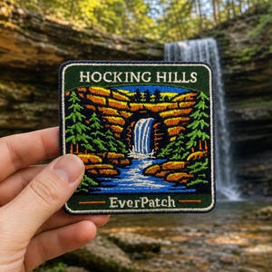 Hocking Hills Embroidered Iron-On Patch, Waterfall Nature Scene, Ohio Souvenir Badge