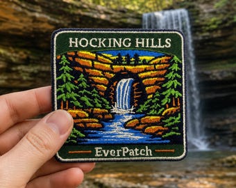 Hocking Hills Embroidered Iron-On Patch, Waterfall Nature Scene, Ohio Souvenir Badge