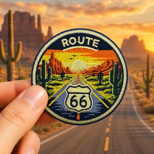 Parche bordado de la Ruta 66, 7,6 cm (3 pulgadas), para planchar, insignia de recuerdo de la carretera del desierto.