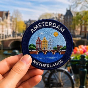 Amsterdam Netherlands Patch – 3 Inch Iron-On Embroidered Canal Houses Travel Souvenir Badge
