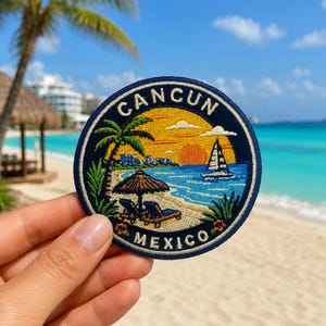 Toppa di Cancun, Messico, 7,6 cm (3 pollici), da applicare con il ferro da stiro, ricamata, souvenir di viaggio per la spiaggia, ideale per giacche, zaini e valigie.