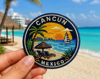 Cancun Mexico Embroidered Patch, Tropical Beach Sunset Souvenir Badge