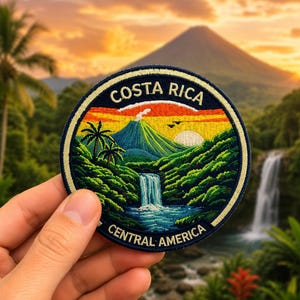Costa Rica Volcano Waterfall Patch, 3 Inch Embroidered Travel Souvenir Badge