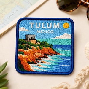 Tulum Mexico Embroidered Patch, Mayan Ruins Coastal Souvenir Badge, 3 Inch Iron-On