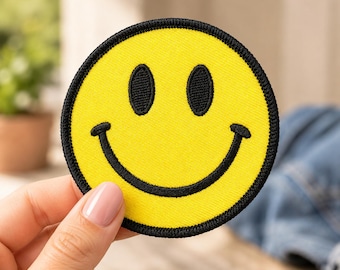 Smiley Face Iron On Patch, 3 Inch Yellow Happy Face Embroidered Patch