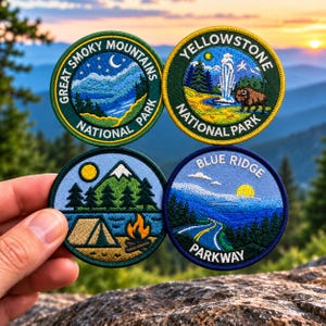 May include: Four circular embroidered patches featuring national park themes. The top left shows Great Smoky Mountains National Park at night. The top right depicts Yellowstone National Park with a geyser and bison. The bottom left shows a campsite, and the bottom right displays the Blue Ridge Parkway with a winding road.