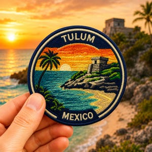 Tulum Mexiko Aufnäher – 7,6 cm großes, aufbügelbares, gesticktes Maya-Ruinen-Reise-Souvenir-Abzeichen