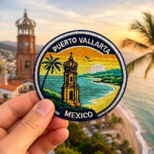 Puerto Vallarta Mexiko Broderad Tygmärke, Strand Solnedgång Palmträd Souvenirmärke